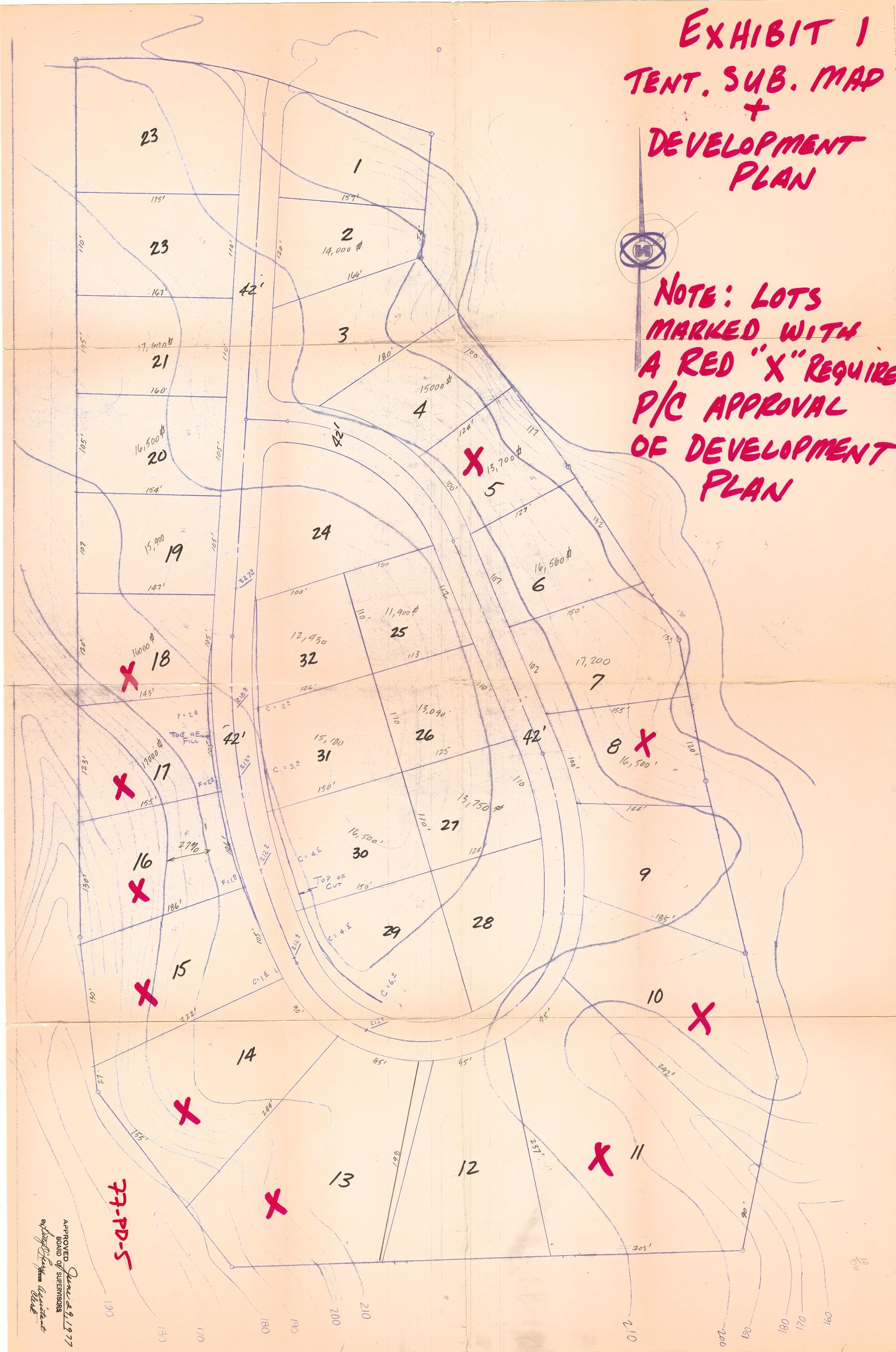 Development Plan of Winding Woods with Lots 5, 8, 10, 11, 13 through 18 marked with an "X"