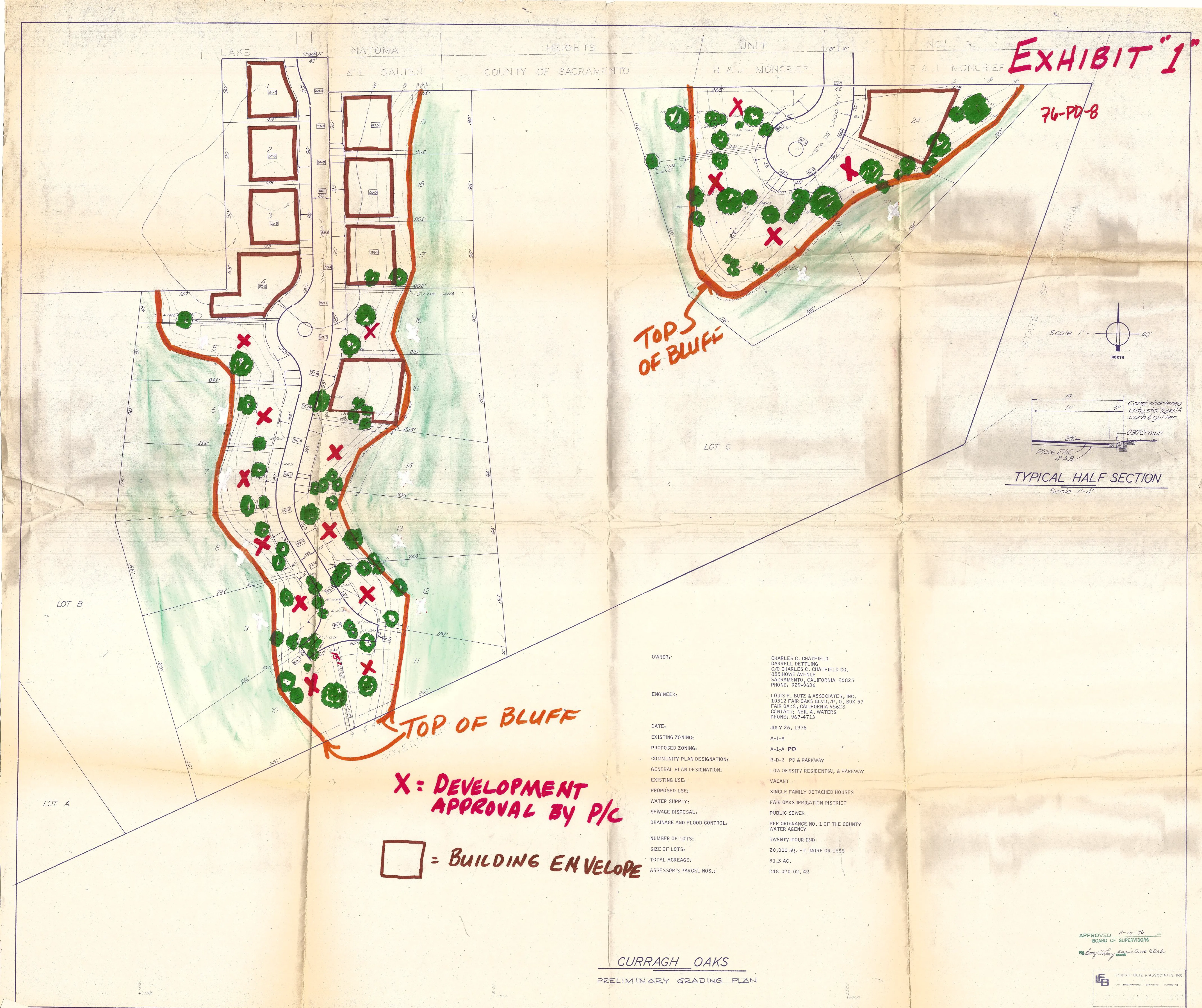 Development Plan of Curragh Oaks showing lots requiring Planning Commission Review and lots with envelopes.