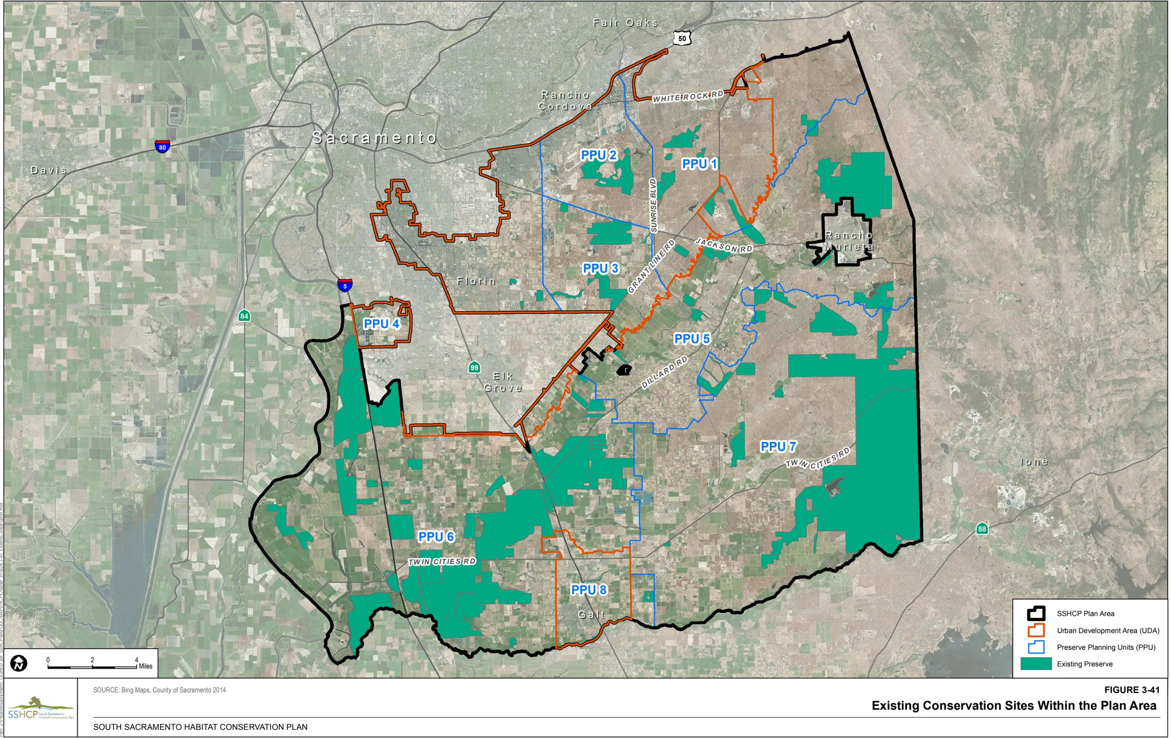 Map of Sacramento County showing the Existing conservation sites within the plan area.