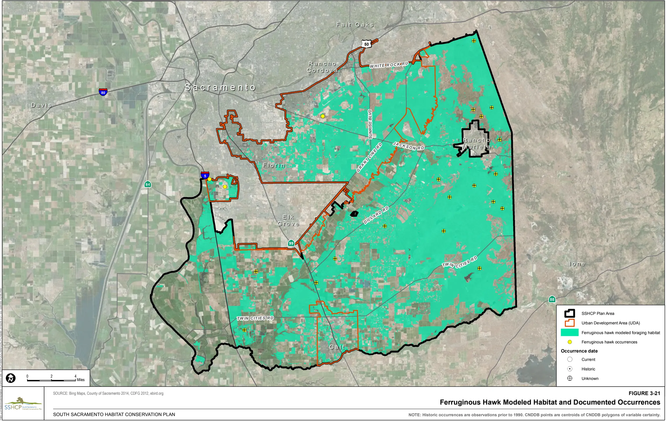 Map of Sacramento County showing Ferruginous Hawk Modeled Habitat and Documented Occurrences
