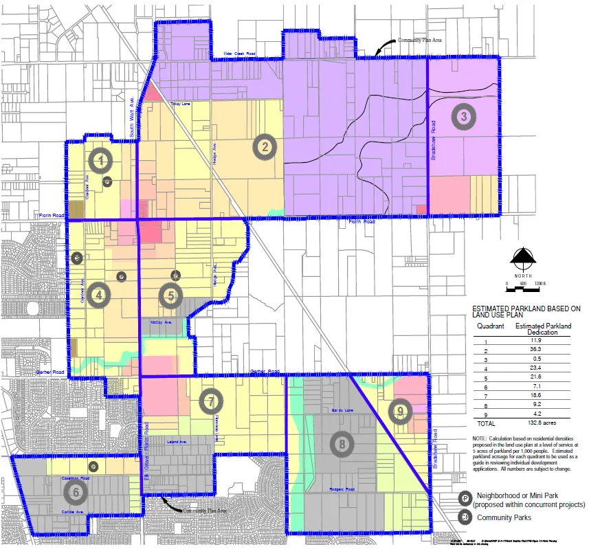 Map of the Florin-Vineyard Community Plan Area Showing Nine Areas for Future Parks