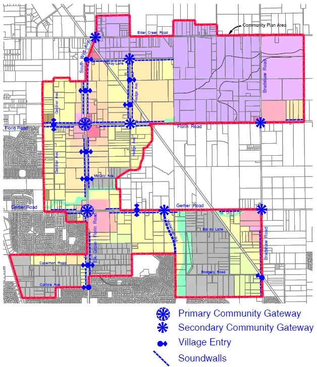 Map of the Florin-Vineyard Community Plan Area Showing Primary Community Gateways, Secondary Community Gateways, Village Entries, and Soundwalls