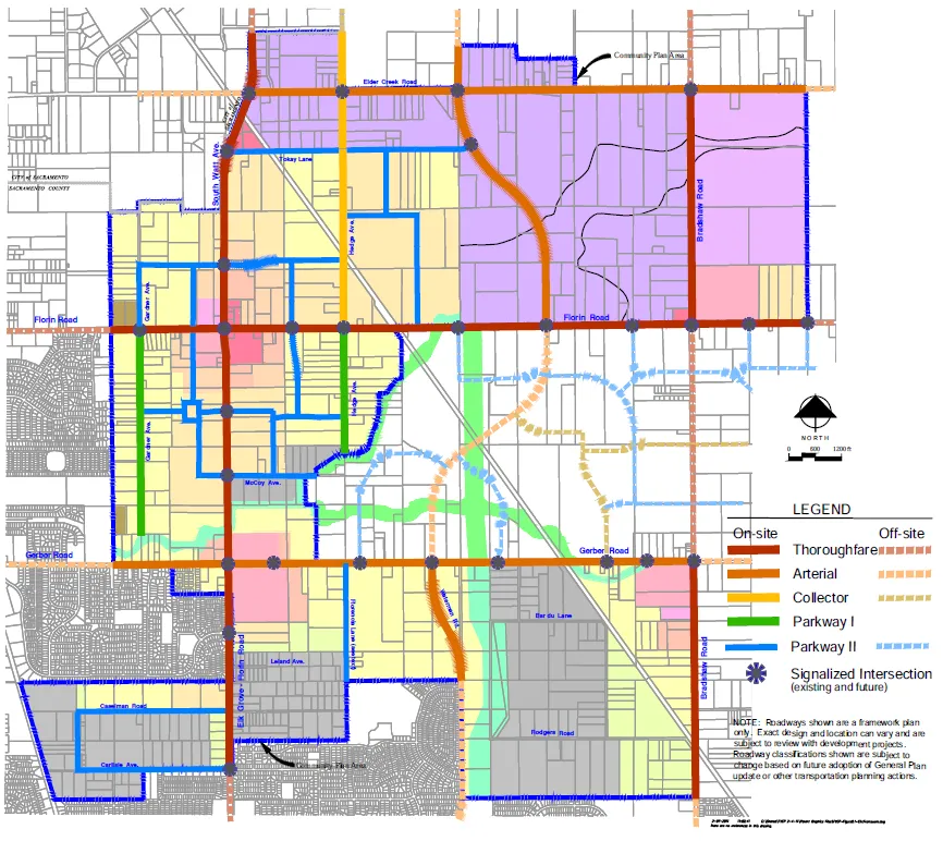 Map of the Florin-Vineyard Plan Area Showing Thoroughfare, Arterial, Collector, Parkway I, Parkway II, and Signalized Intersections
