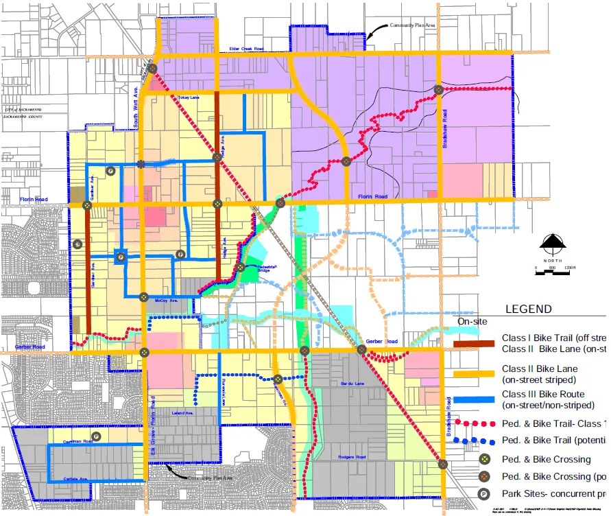 Map of the Florin-Vineyard Plan Area Showing Class I Bike Trail, Class II  Bike Lane, Class III Bike Route, Class I and II Pedestrian and Bike Trails, Pedestrian and Bike Crossings, and Park Sites