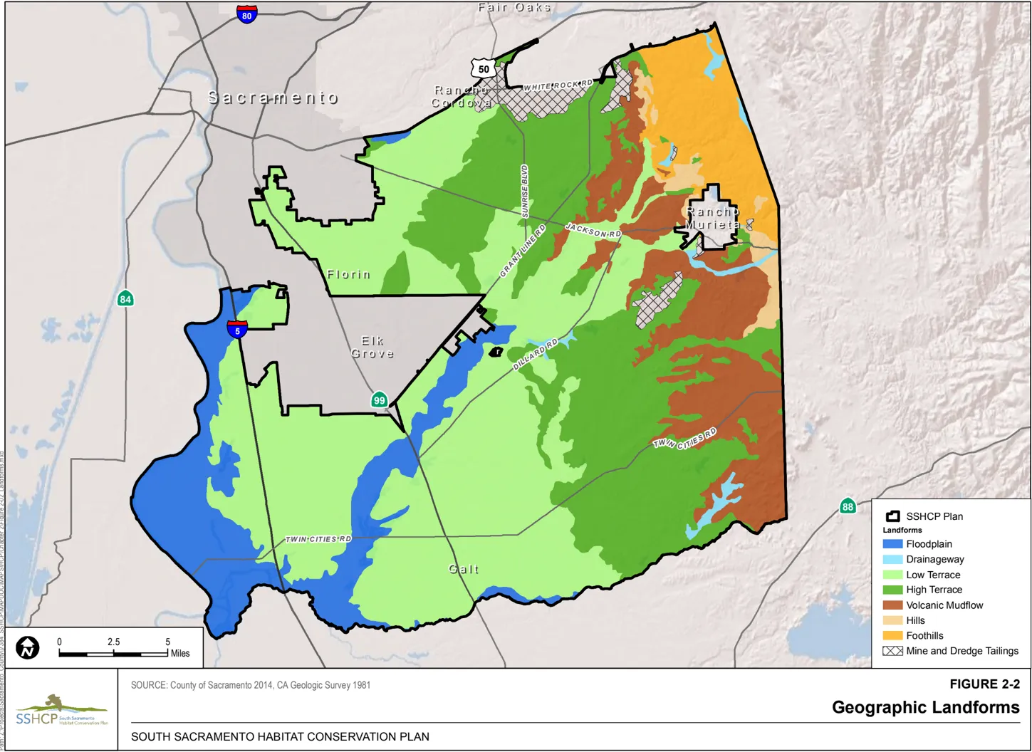 Map of Sacramento County showing the Geogrpahic Landforms