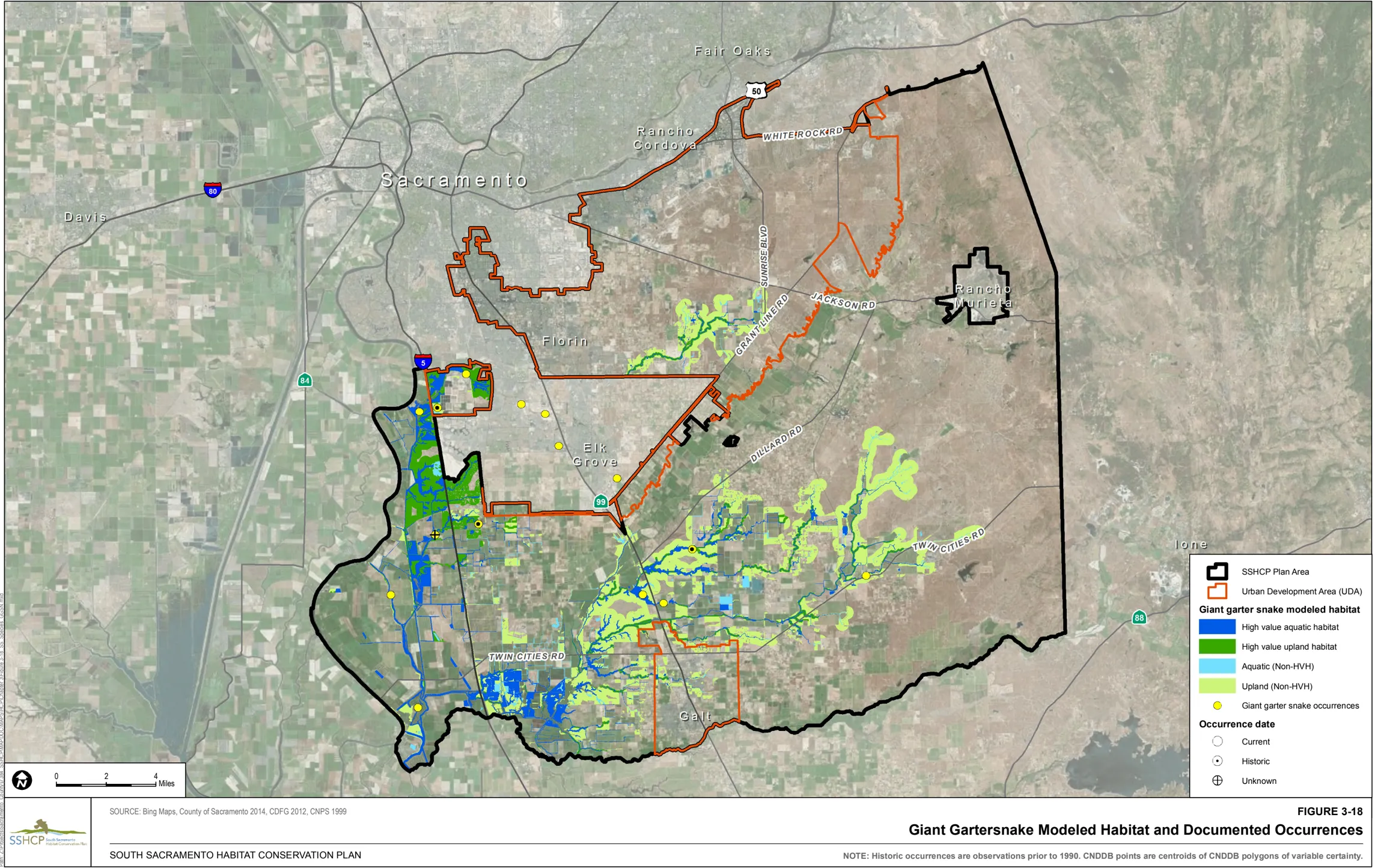 Map of Sacramento County showing Giant Gartersnake Modeled Habitat and Documented Occurrences