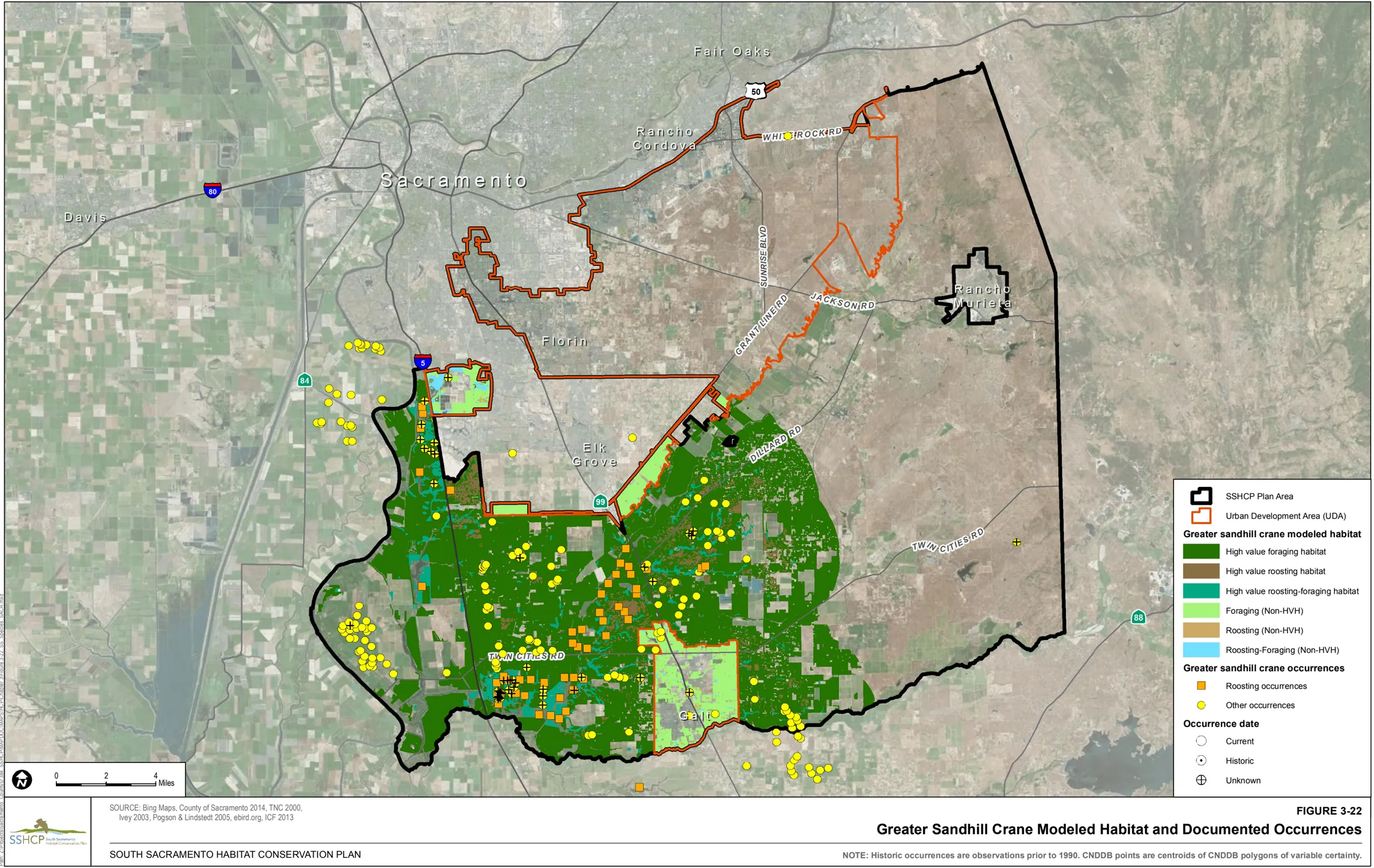 Map of Sacramento County showing Greater Sandhill Crane Modeled Habitat and Documented Occurrences