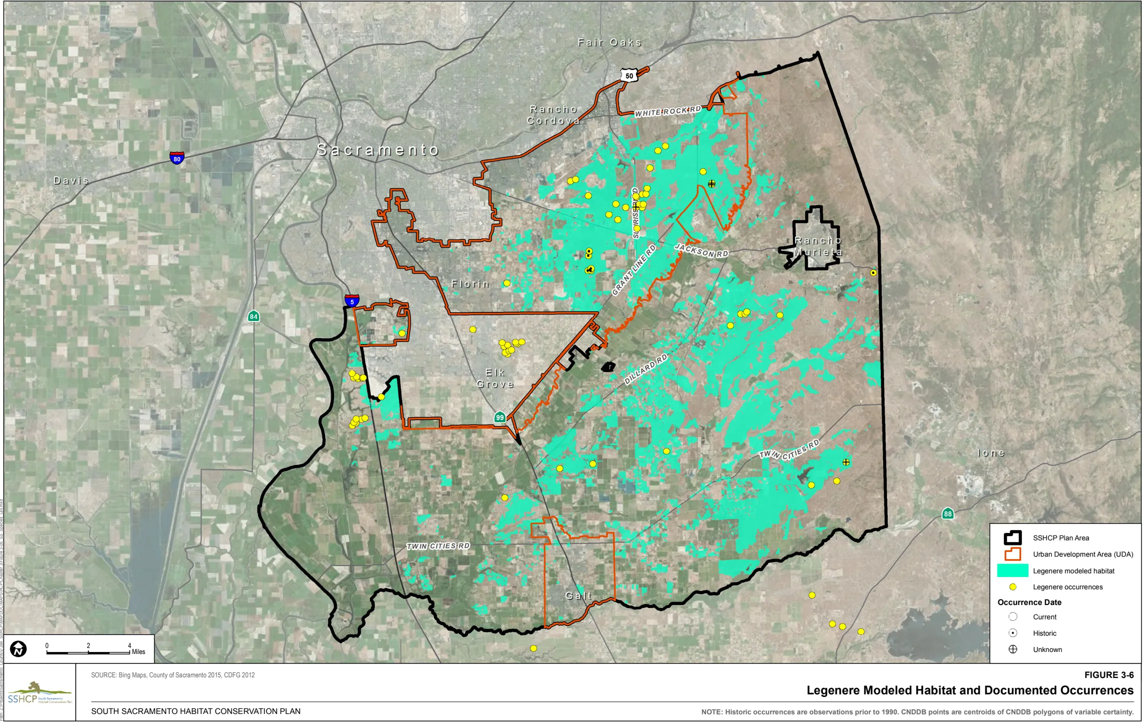 Map of Sacramento County showing Legenere Modeled Habitat and Documented Occurrences