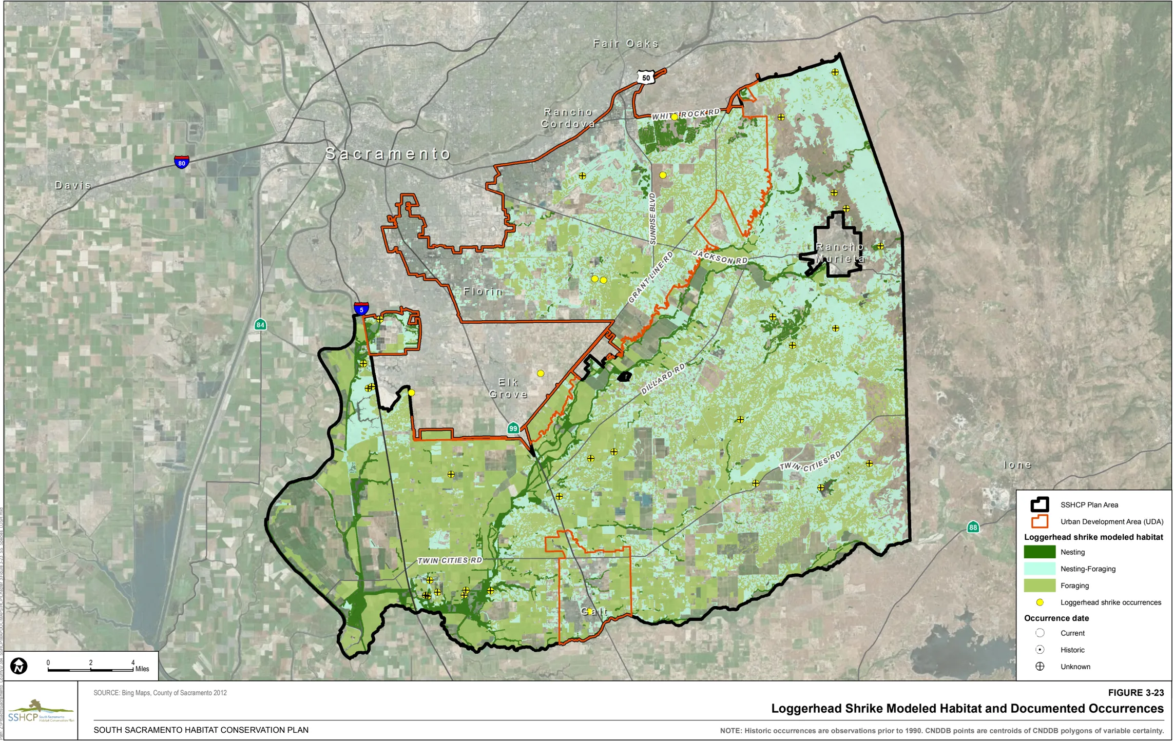 Map of Sacramento County showing Loggerhead Shrike Modeled Habitat and Documented Occurrences