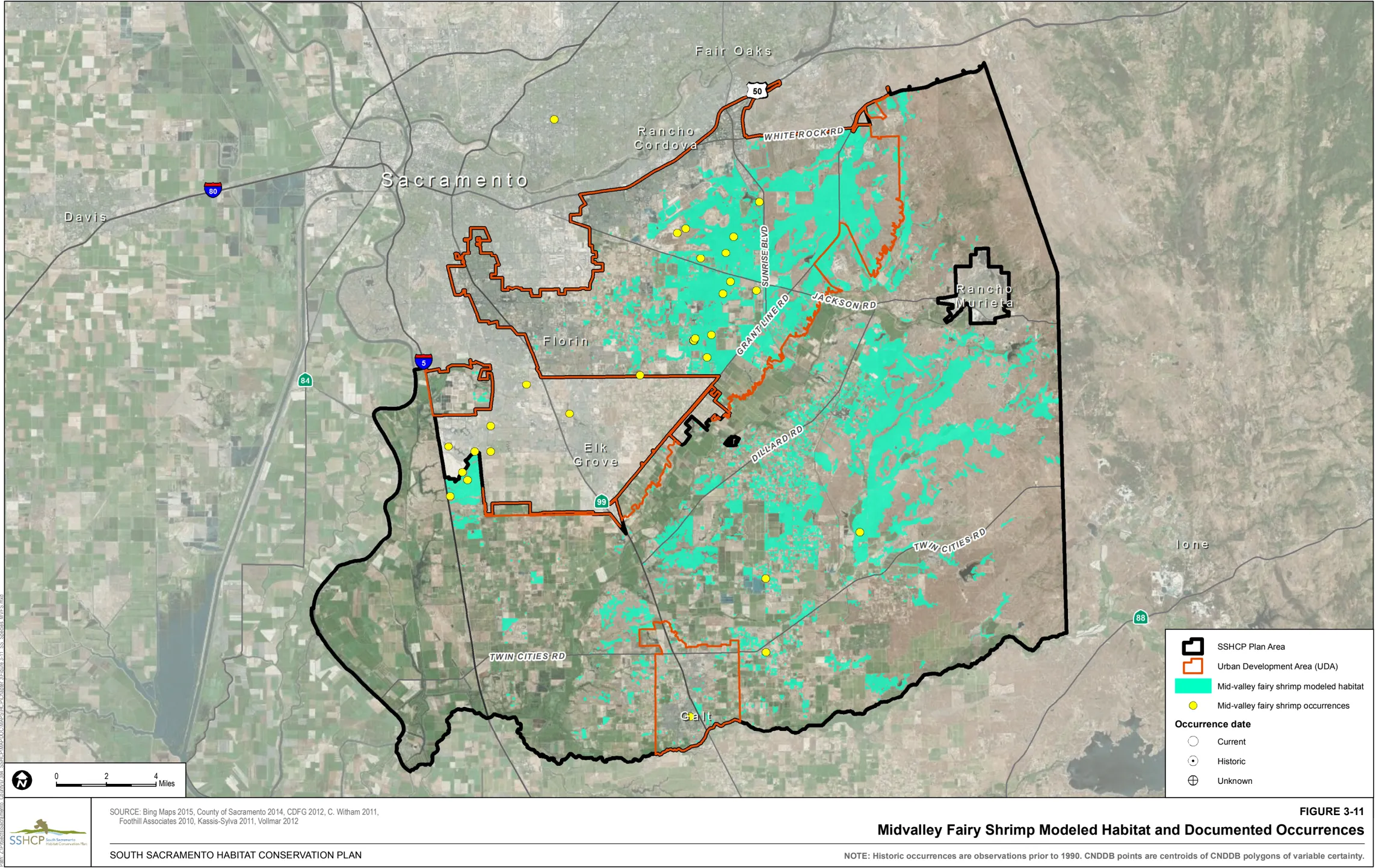 Map of Sacramento County showing Midvalley Fairy Shrimp Modeled Habitat and Documented Occurrences