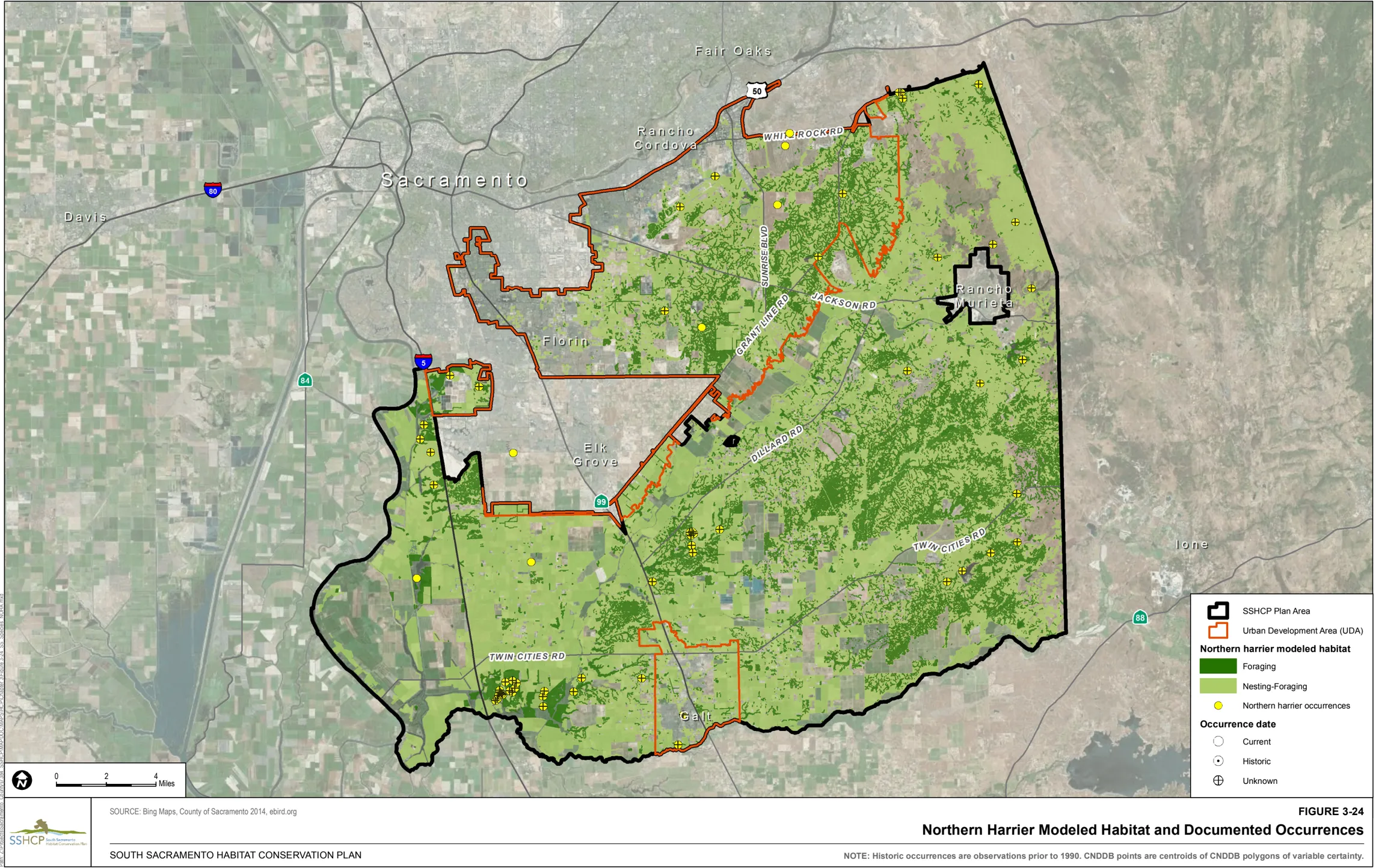 Map of Sacramento County showing Northern Harrier Modeled Habitat and Documented Occurrences
