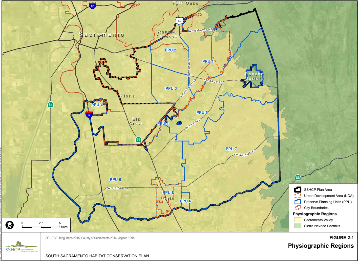 Map of Sacramento County showing the Physiographic Regions
