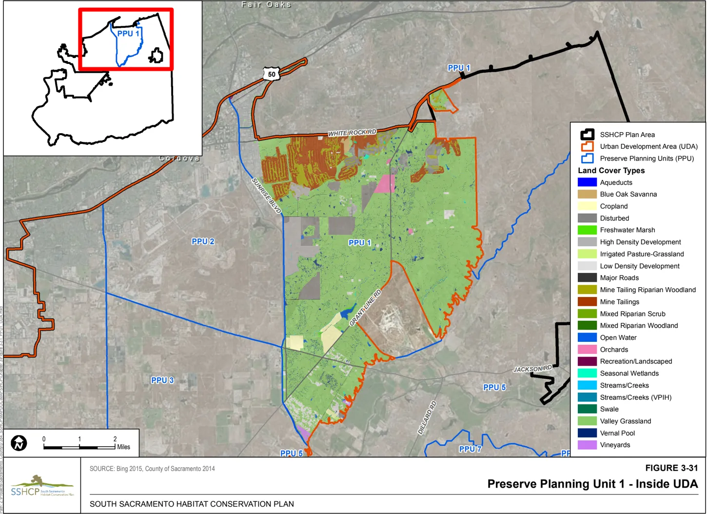 Map of Sacramento County showing the preserve planning unit 1 (inside the UDA) and the associated land cover type.