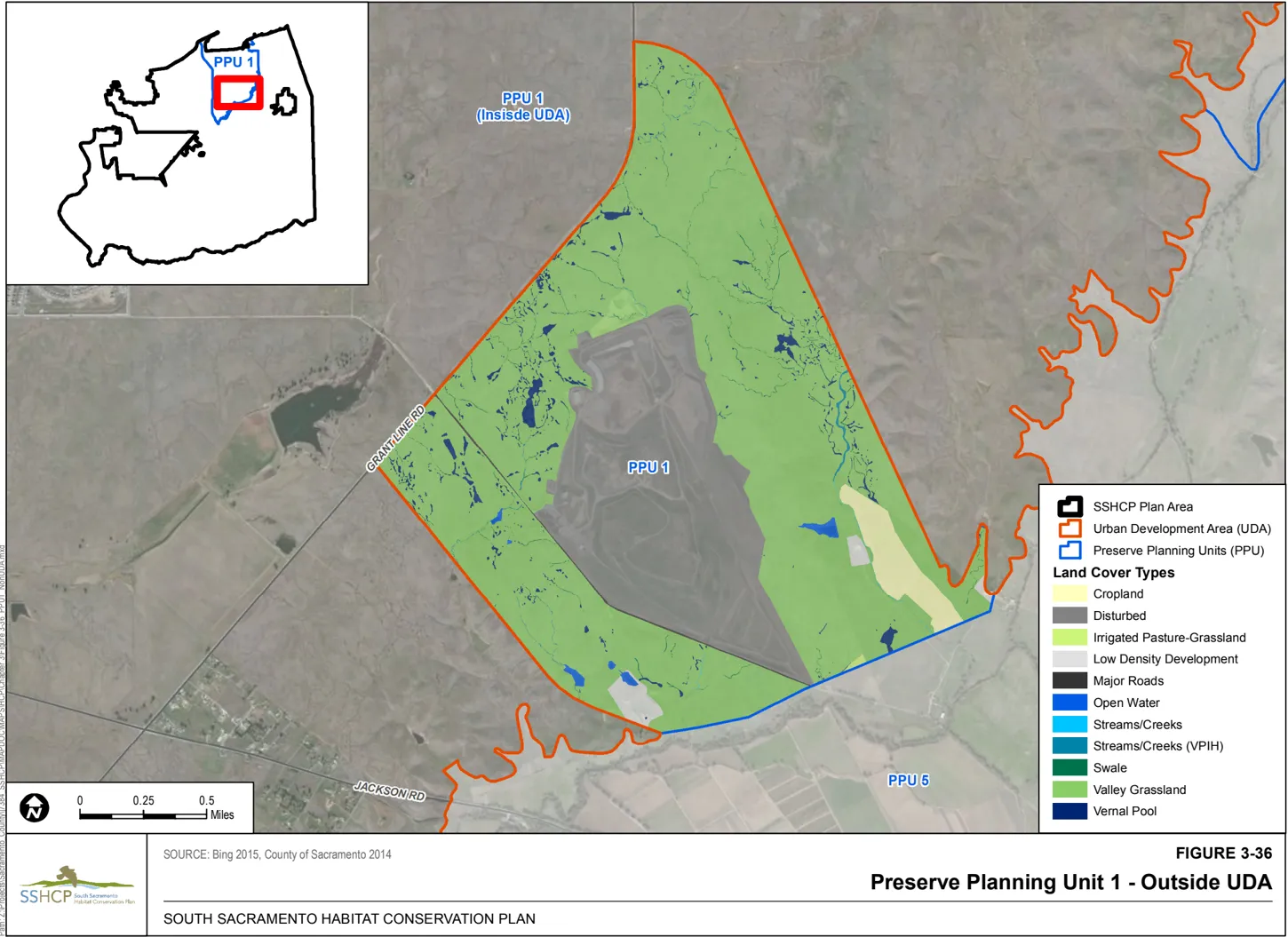 Map of Sacramento County showing the preserve planning unit 1 (outside the UDA) and the associated land cover type.