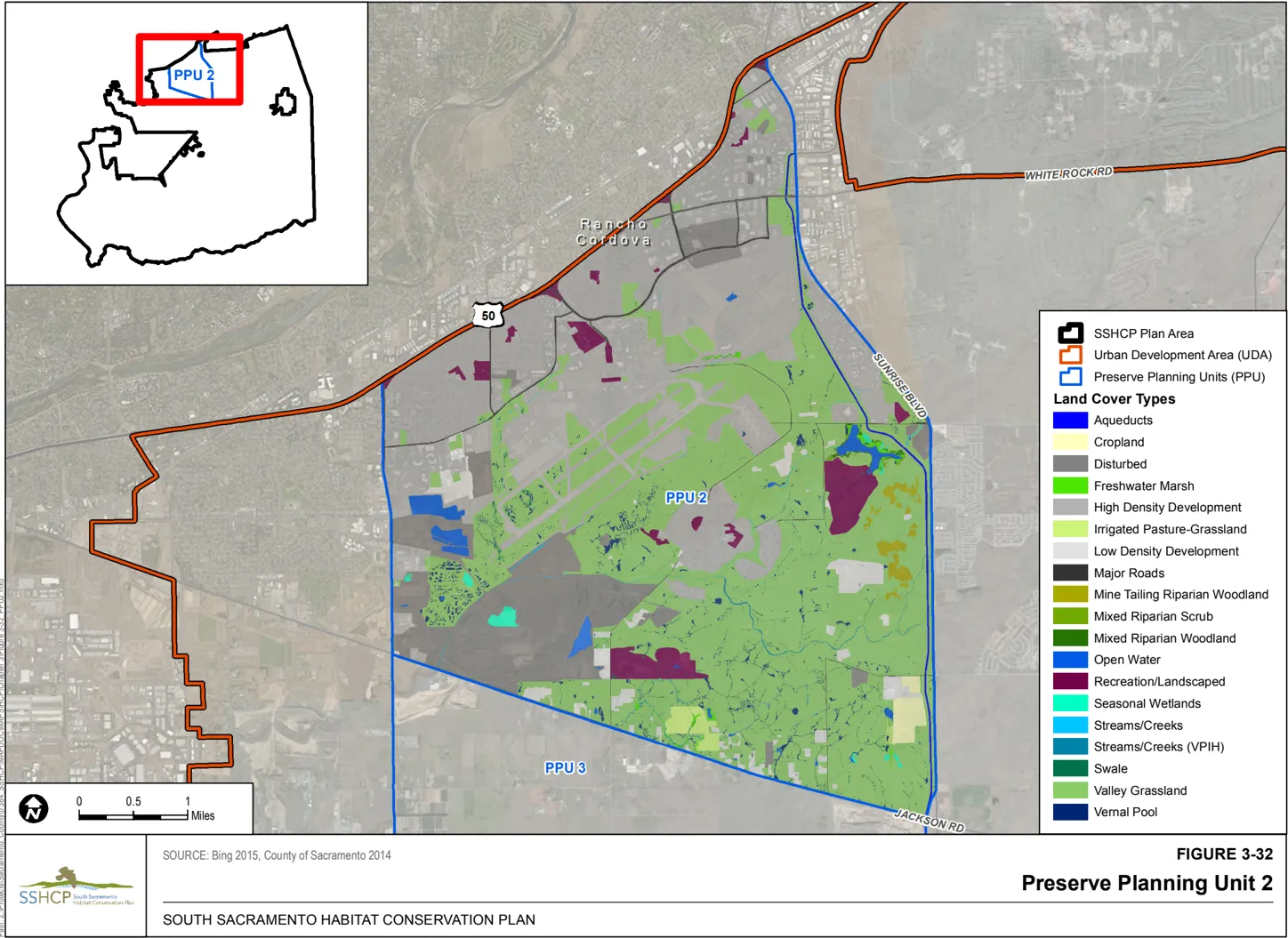 Map of Sacramento County showing the preserve planning unit 2 and the associated land cover type.