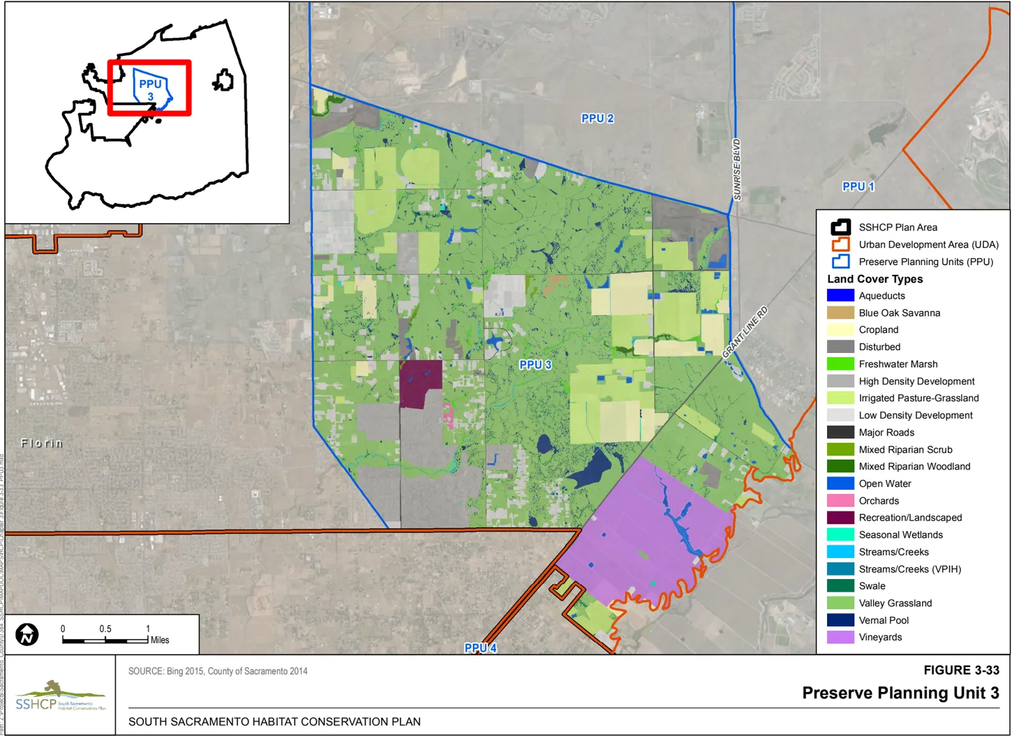 Map of Sacramento County showing the preserve planning unit 3 and the associated land cover type.