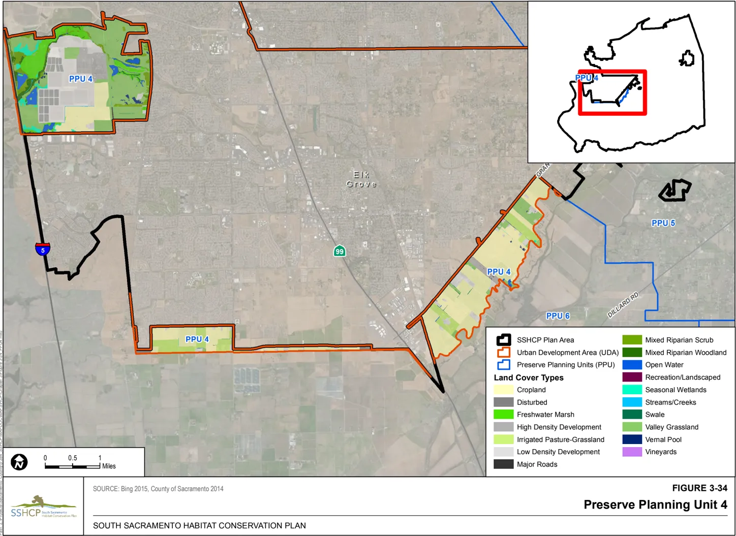 Map of Sacramento County showing the preserve planning unit 4 and the associated land cover type.