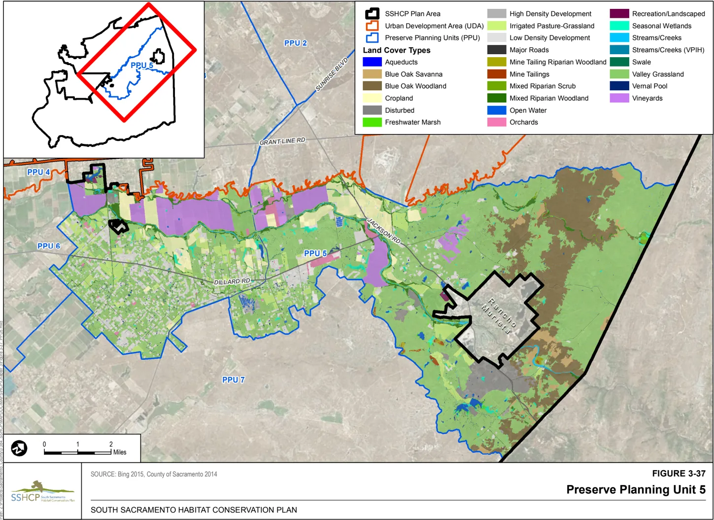 Map of Sacramento County showing the preserve planning unit 5 and the associated land cover type.