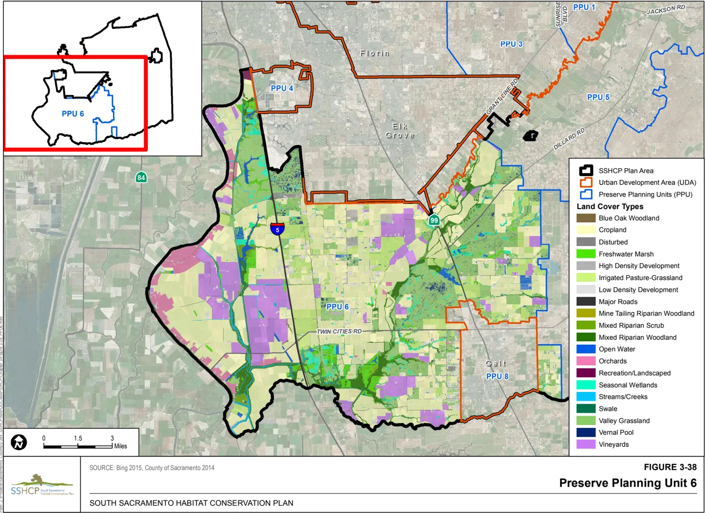Map of Sacramento County showing the preserve planning unit 6 and the associated land cover type.
