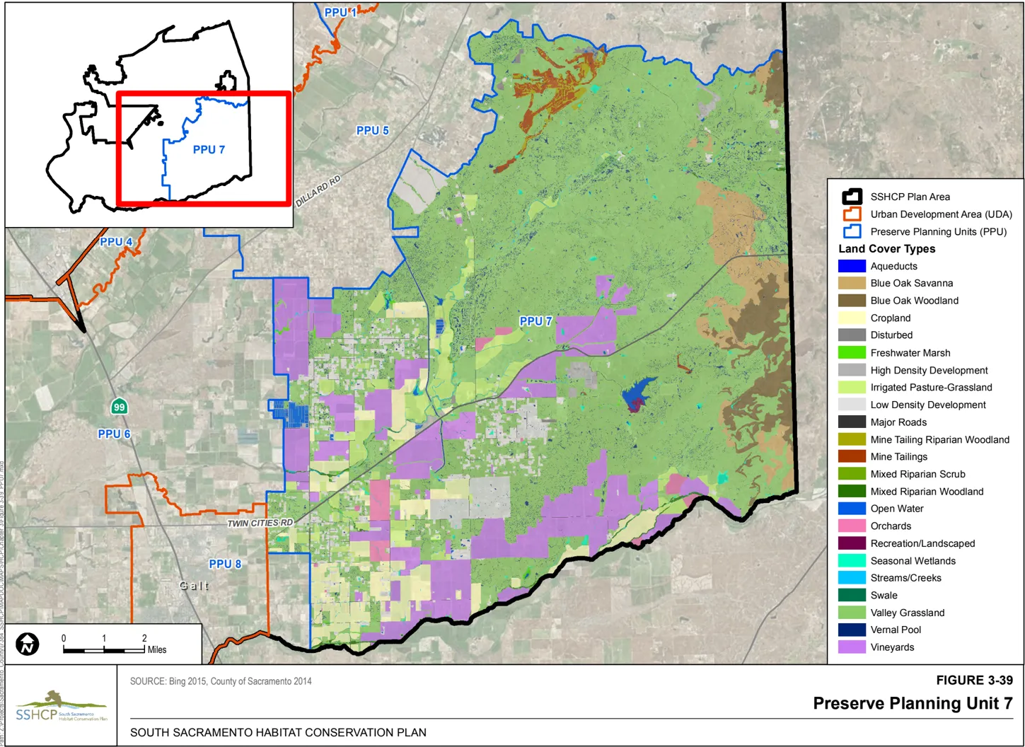 Map of Sacramento County showing the preserve planning unit 7 and the associated land cover type.