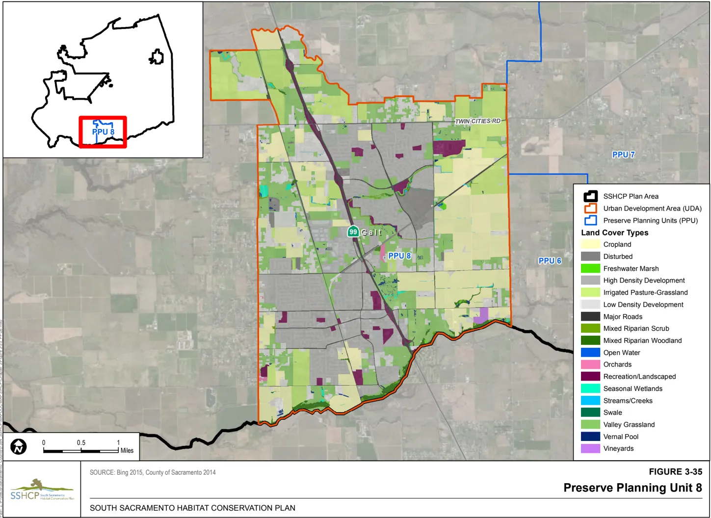 Map of Sacramento County showing the preserve planning unit 8 and the associated land cover type.