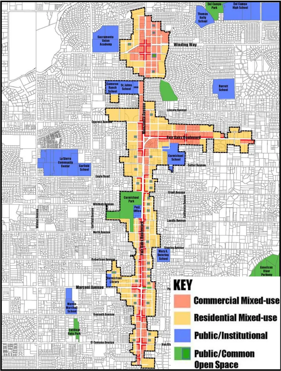 A map of proposed land uses within the Fair Oaks Boulevard SPA.