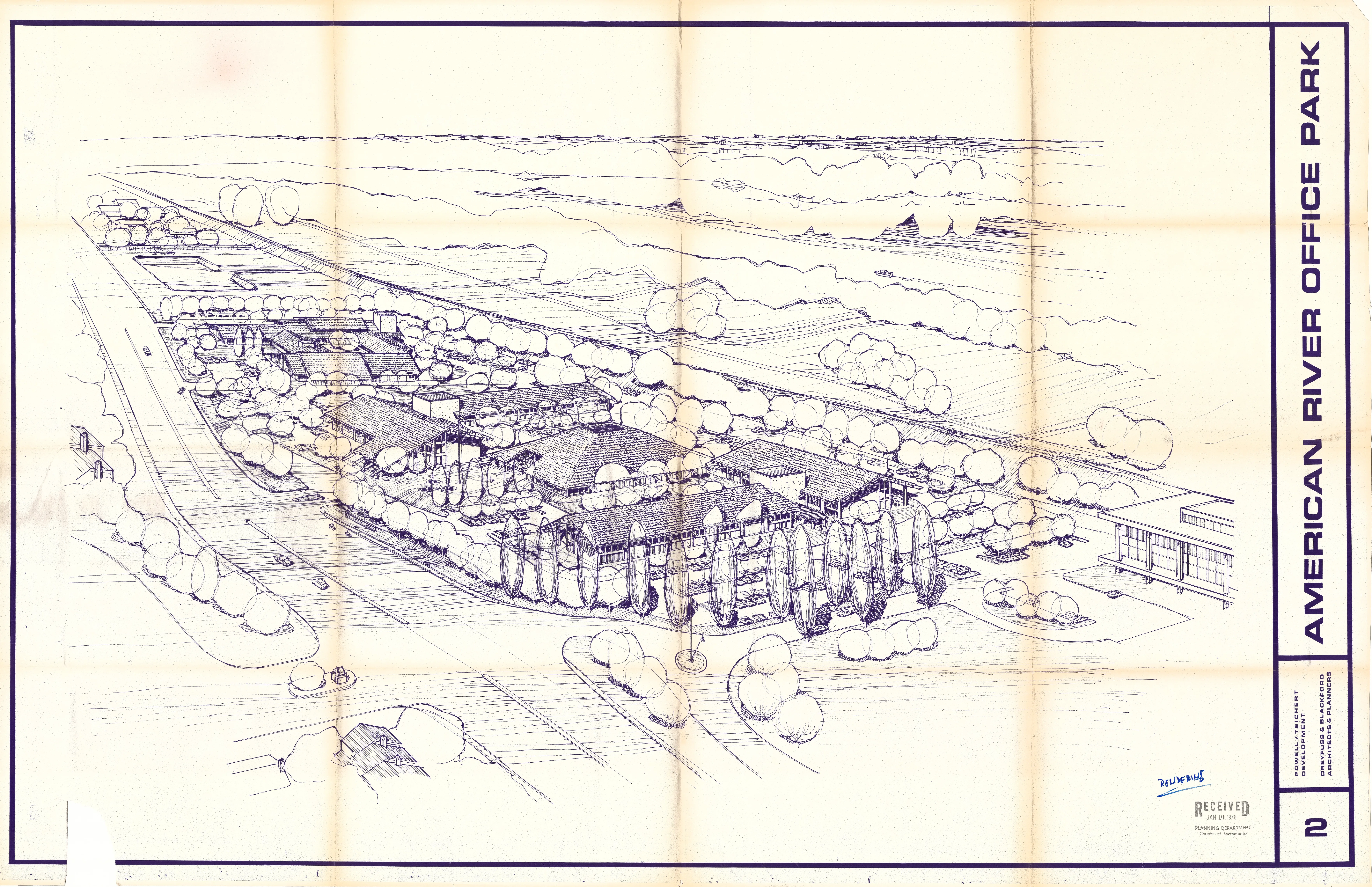 Hand-drawn aerial perspective sketch of the proposed low-rise building complex with clustered wings, surrounded by extensive tree landscaping, parking areas, and access roads, set against an open landscape horizon.