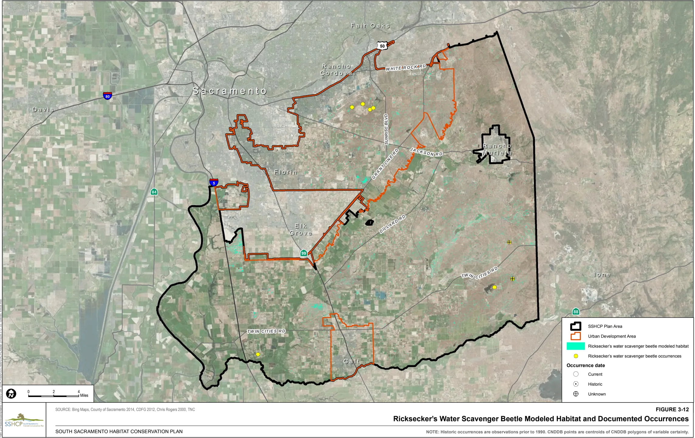 Map of Sacramento County showing Rickseckers Water Scavenger Beetle Modeled Habitat and Documented Occurrences