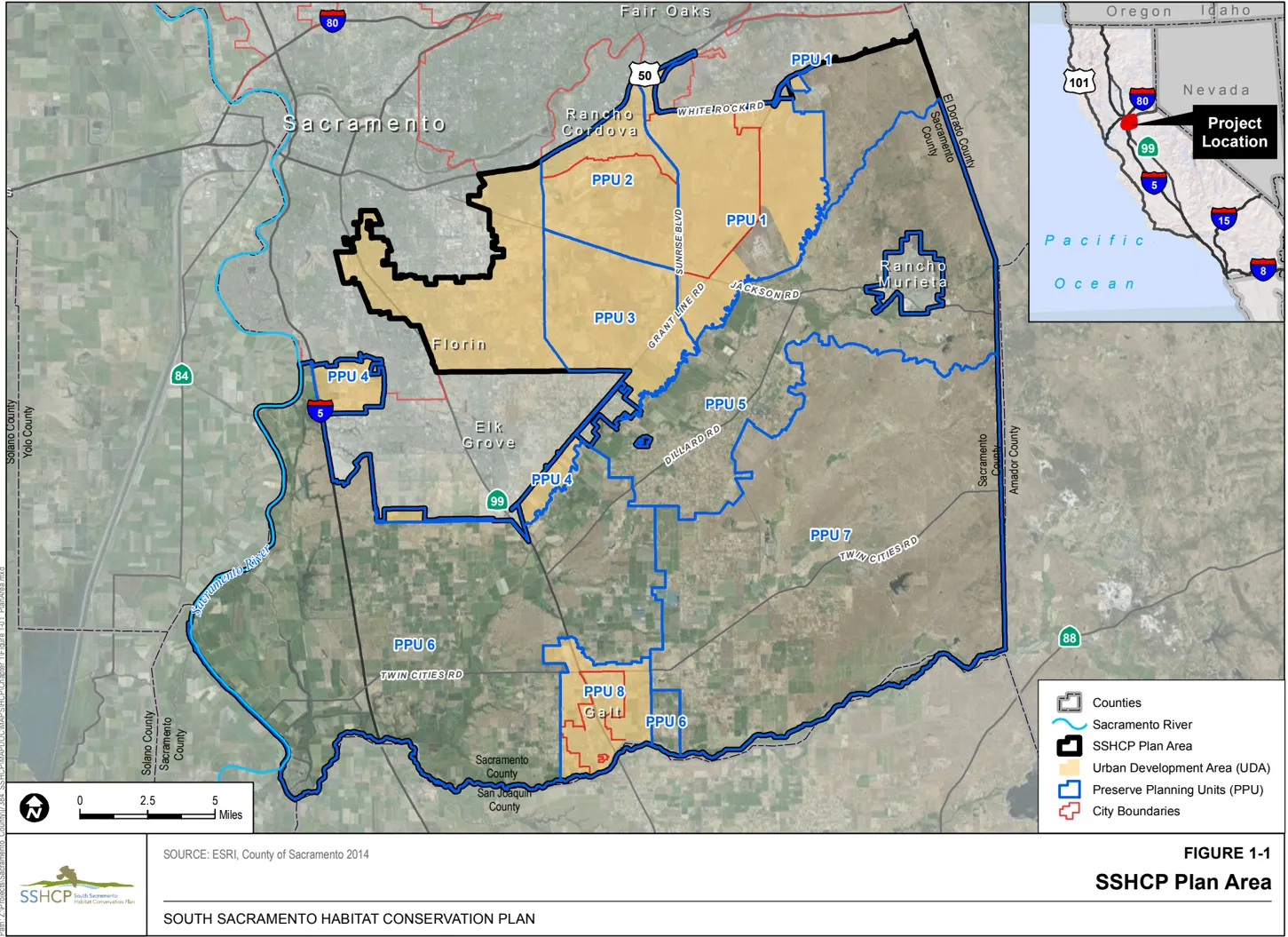 Map of Sacramento County showing the SSHCP Plan Area, Urban Development Area, and the Preserve Planning Units