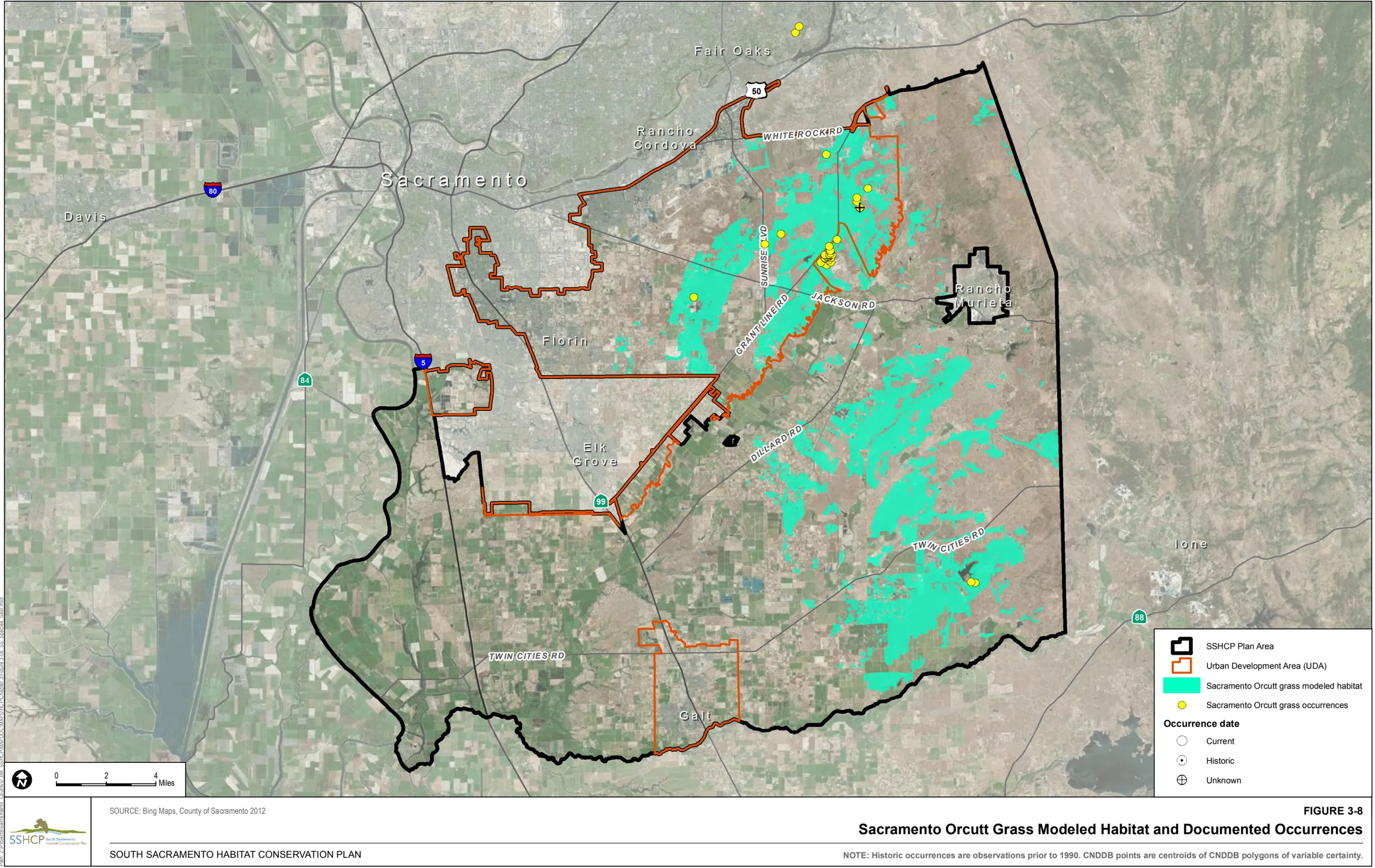 Map of Sacramento County showing Sacramento Orcutt Grass Modeled Habitat and Documented Occurrences.