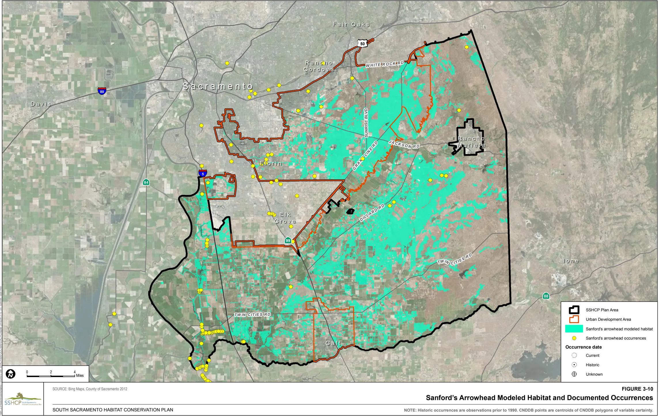 Map of Sacramento County showing Sanfords Arrowhead Modeled Habitat and Documented Occurrences