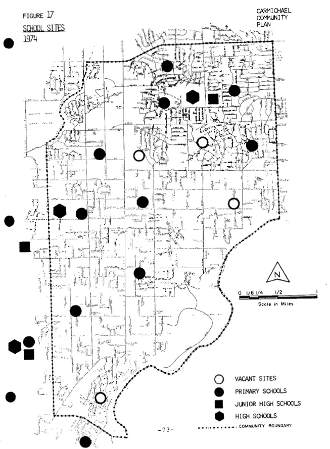 A map of Carmichael depicting the various school sites within the community.