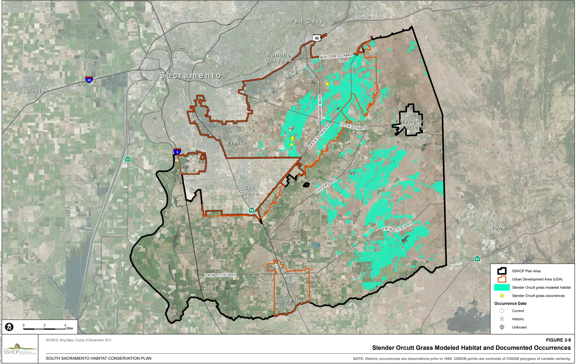 Map of Sacramento County showing Slender Orcutt Grass Modeled Habitat and Documented Occurrences