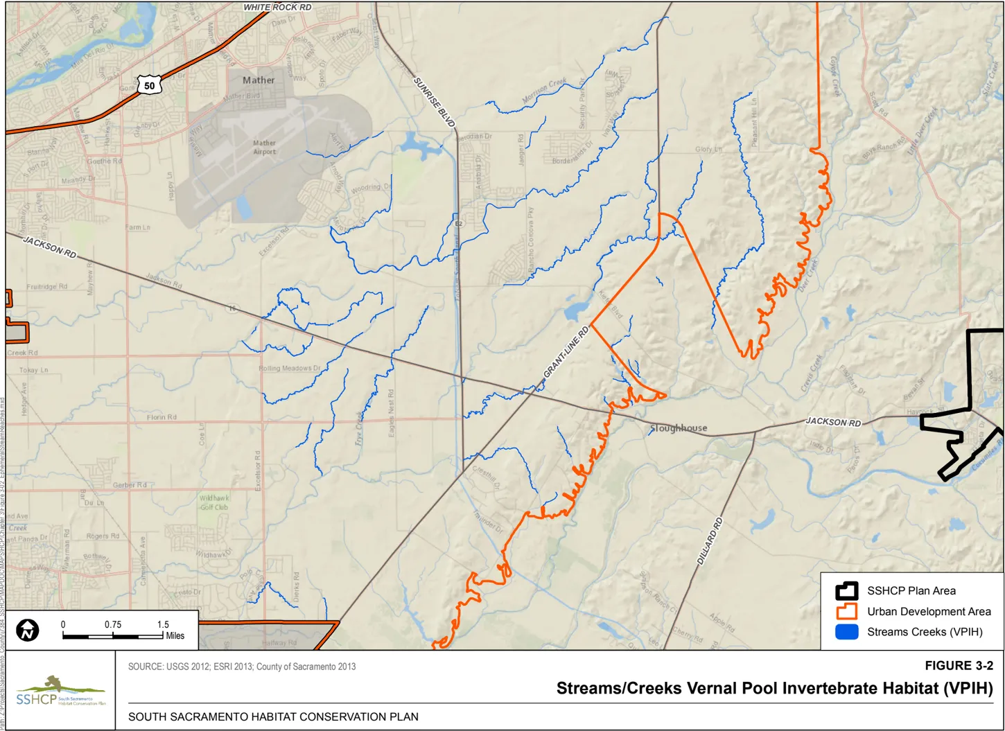 Map showing the Streams/Creeks Vernal Pool Invertebrate Habitat