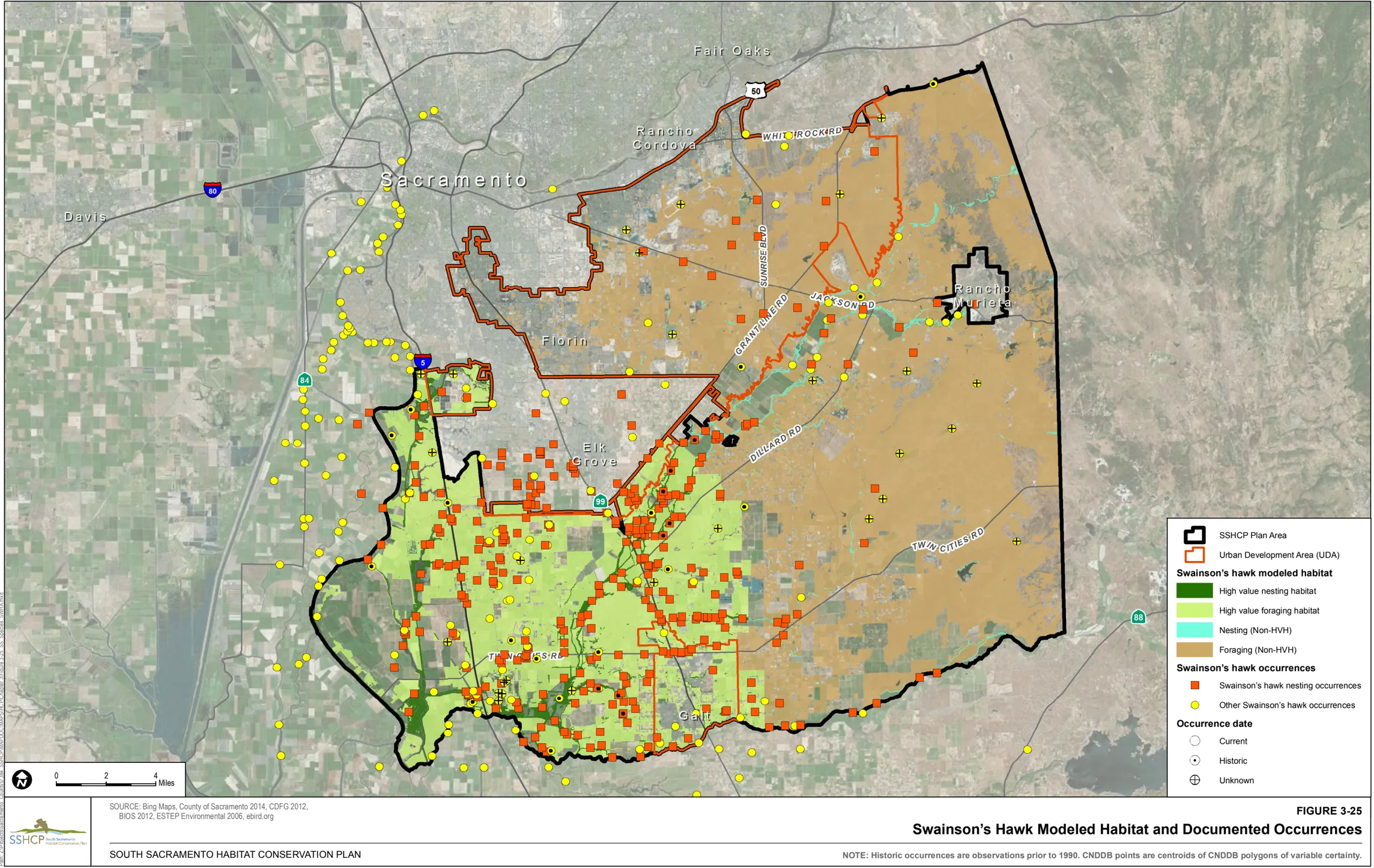 Map of Sacramento County showing Swainson’s Hawk Modeled Habitat and Documented Occurrences