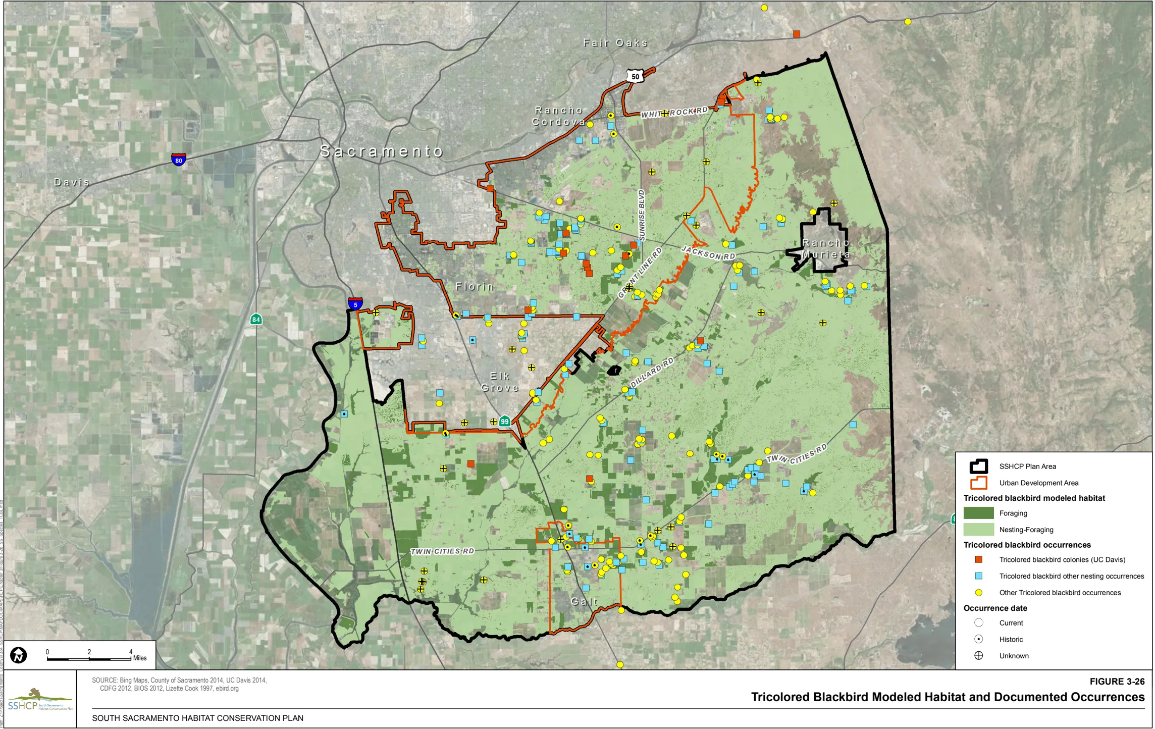 Map of Sacramento County showing Tricolored Blackbird Modeled Habitat and Documented Occurrences