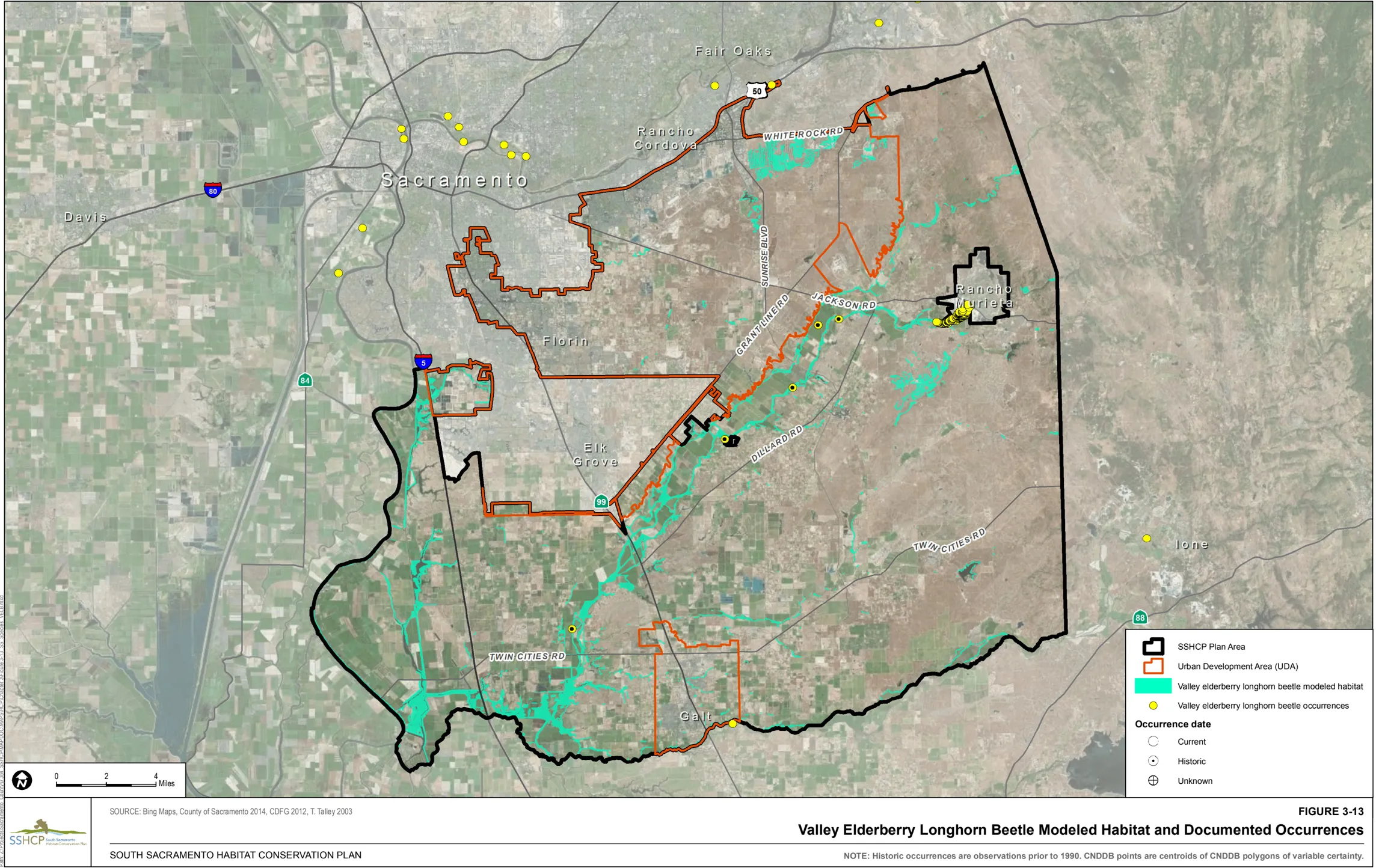 Map of Sacramento County showing Valley Elderberry Longhorn Beetle Modeled Habitat and Documented Occurrences