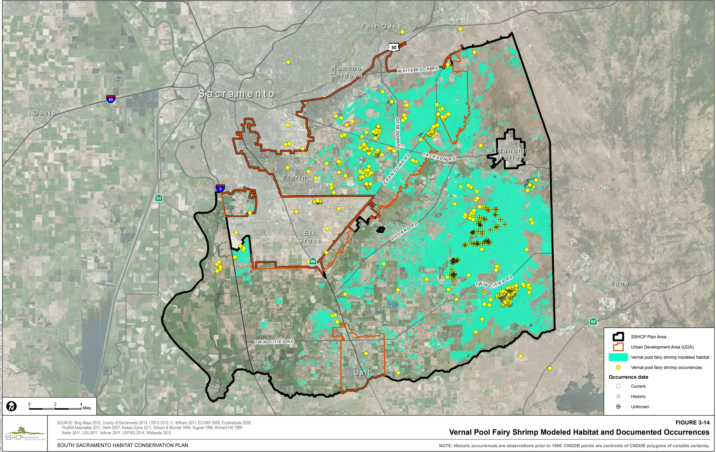 Map of Sacramento County showing Vernal Pool Fairy Shrimp Modeled Habitat and Documented Occurrences
