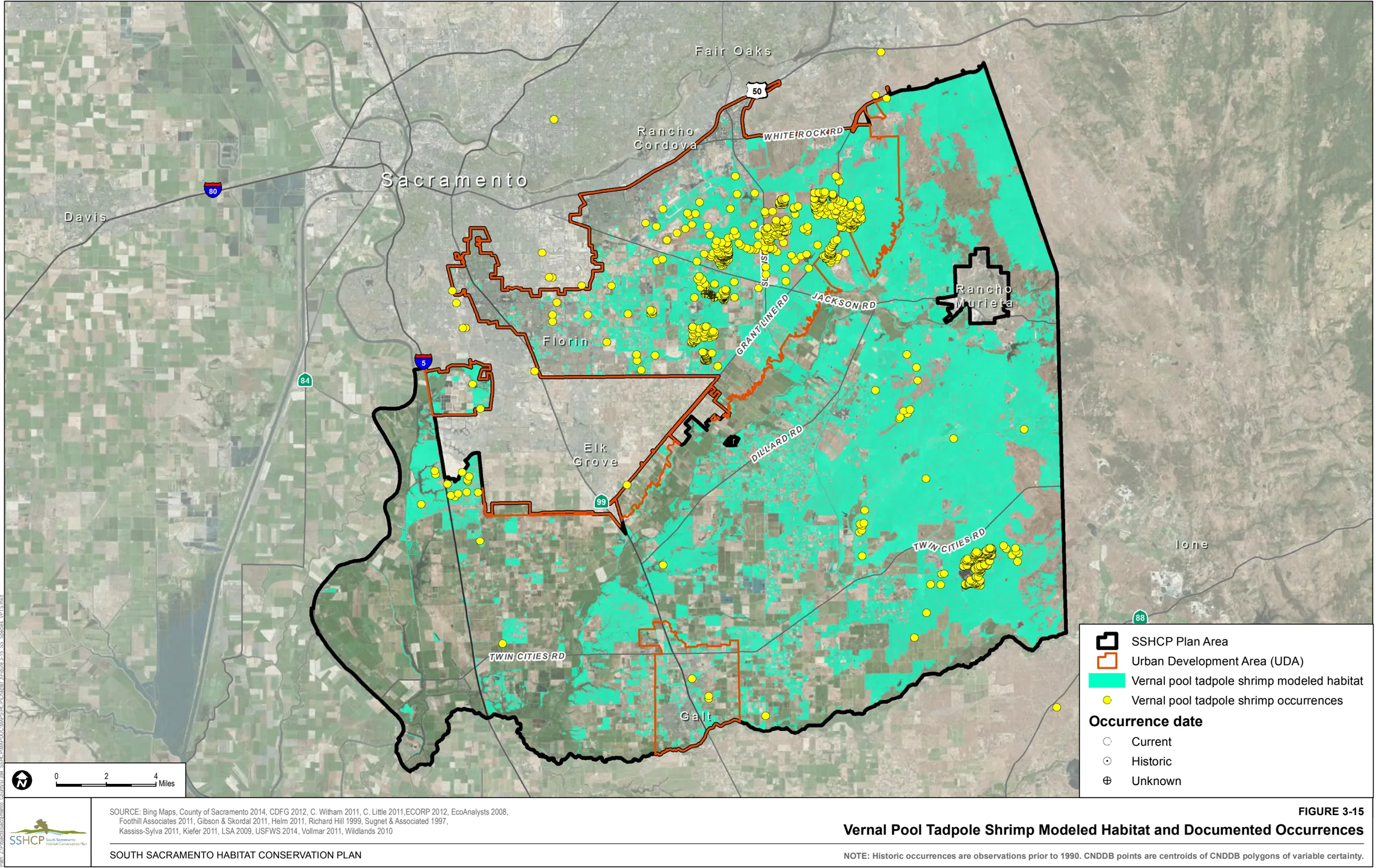 Map of Sacramento County showing Vernal Pool Tadpole Shrimp Modeled Habitat and Documented Occurrences