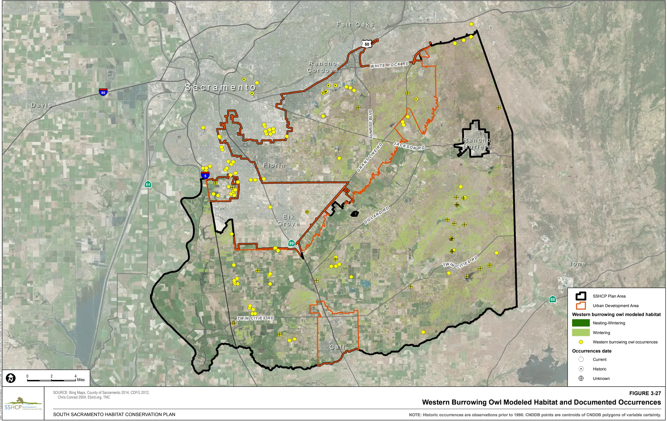 Map of Sacramento County showing Western Burrowing Owl Modeled Habitat and Documented Occurrences