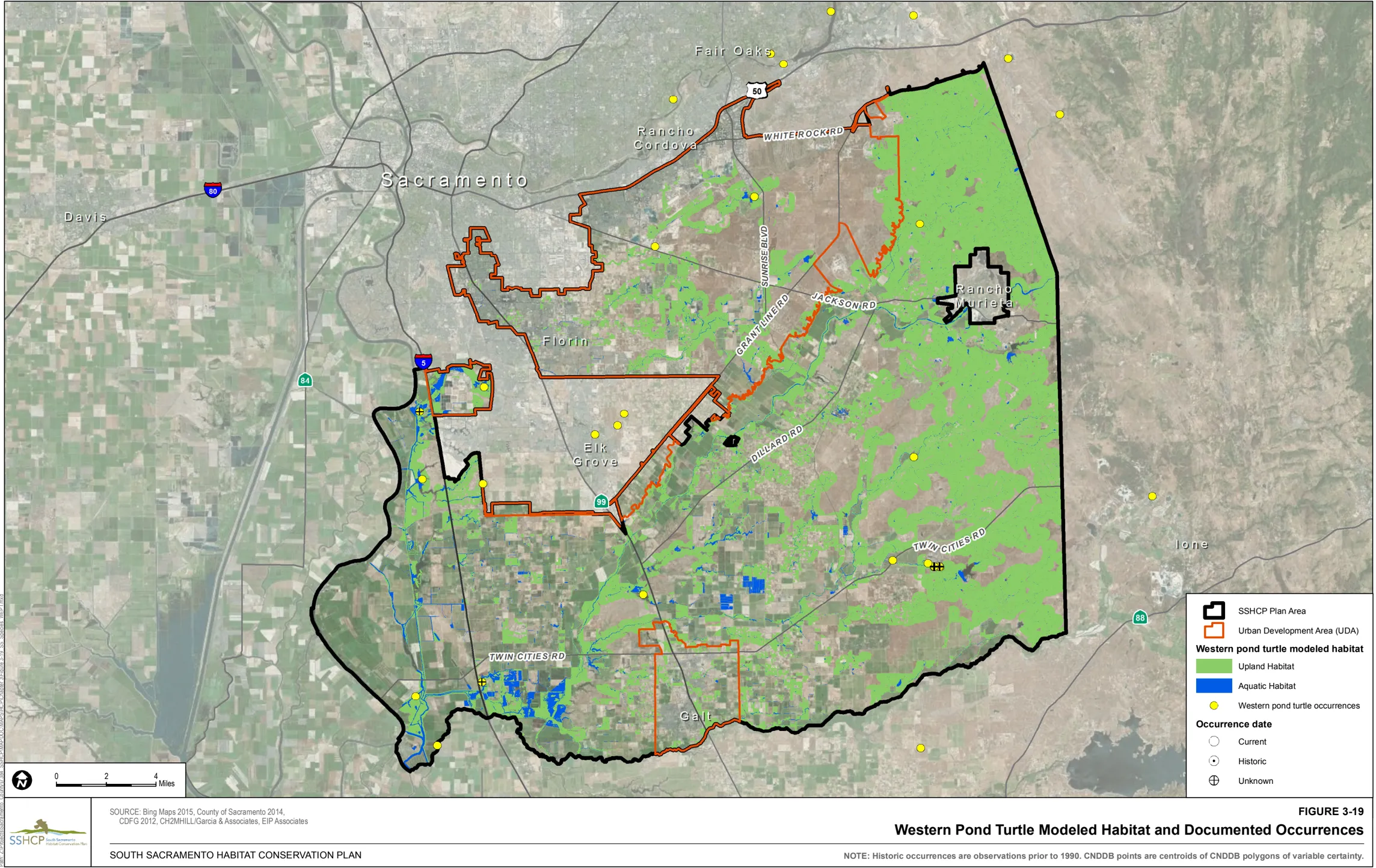 Map of Sacramento County showing Western Pond Turtle Modeled Habitat and Documented Occurrences