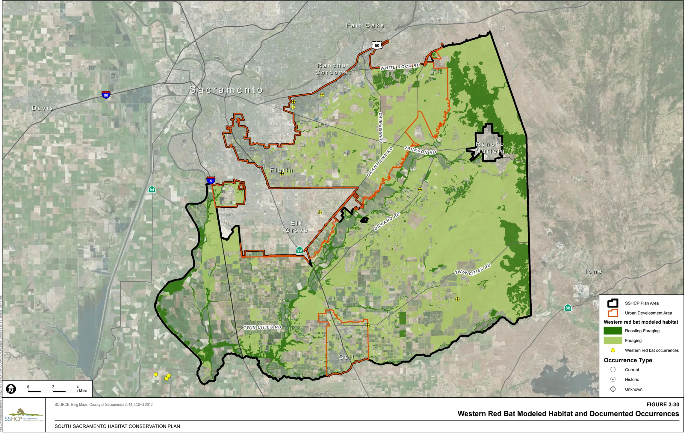Map of Sacramento County showing Western Red Bat Modeled Habitat and Documented Occurrences.