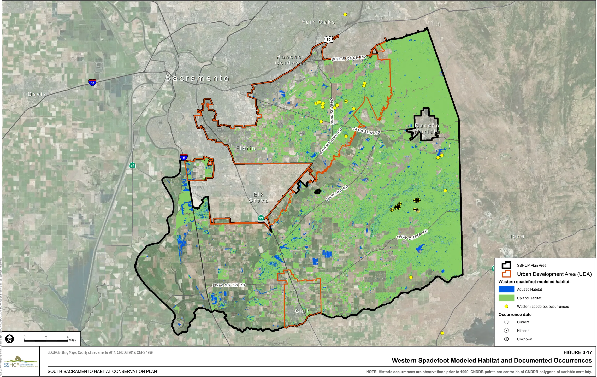 Map of Sacramento County showing Western Spadefoot Modeled Habitat and Documented Occurrences