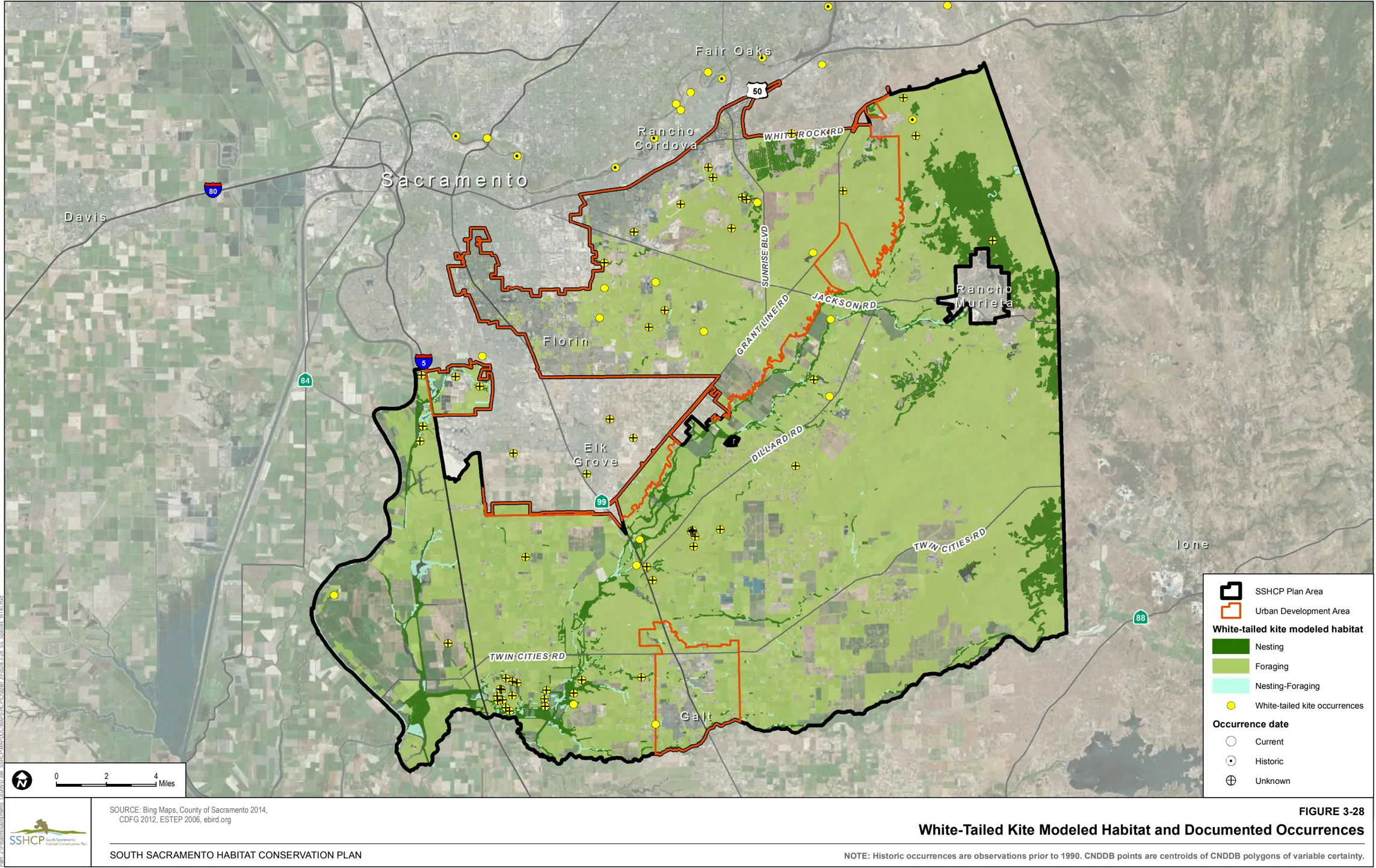 Map of Sacramento County showing White-Tailed Kite Modeled Habitat and Documented Occurrences.