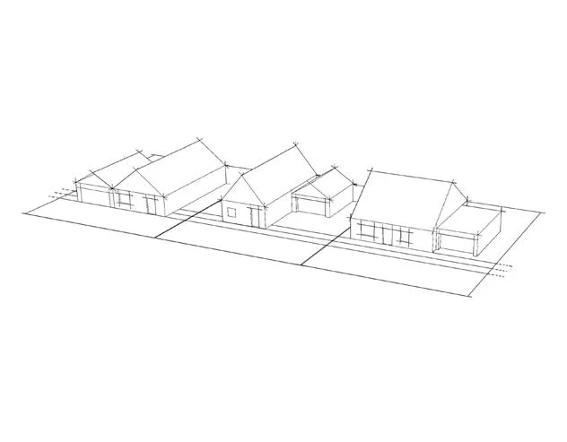 A diagram of three homes depicting houses with average setbacks of the homes on either side.