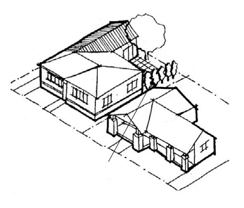 Two homes with tall shrubbery between the two properties.