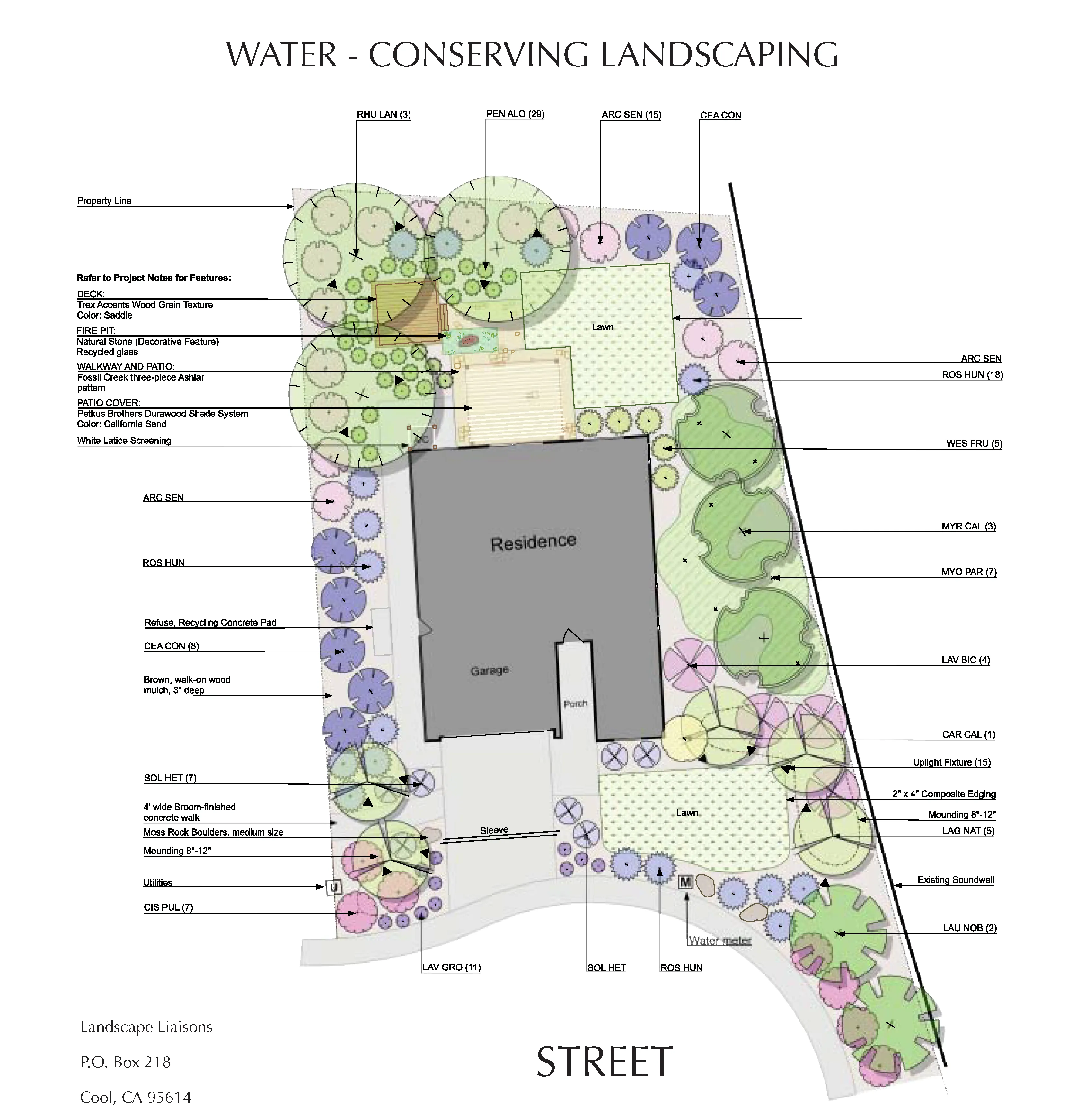 Landscape plan with varied landscaping cover for an entire single-family property.
