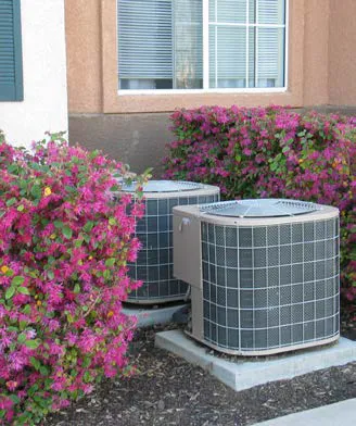 Air conditioning units nested between flowers behind a building