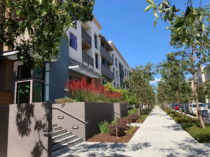 Street trees along the sidewalk and if front of townhomes.