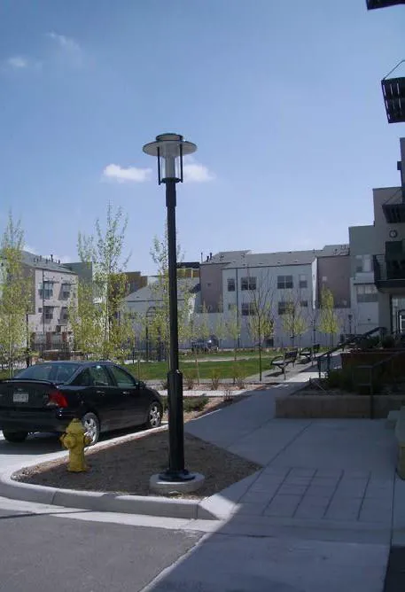 Black light post near an open common area.